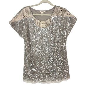 Sundance Top Sequin Lace Blouse Large Taupe Silver Crochet Short Sleeve Knit L